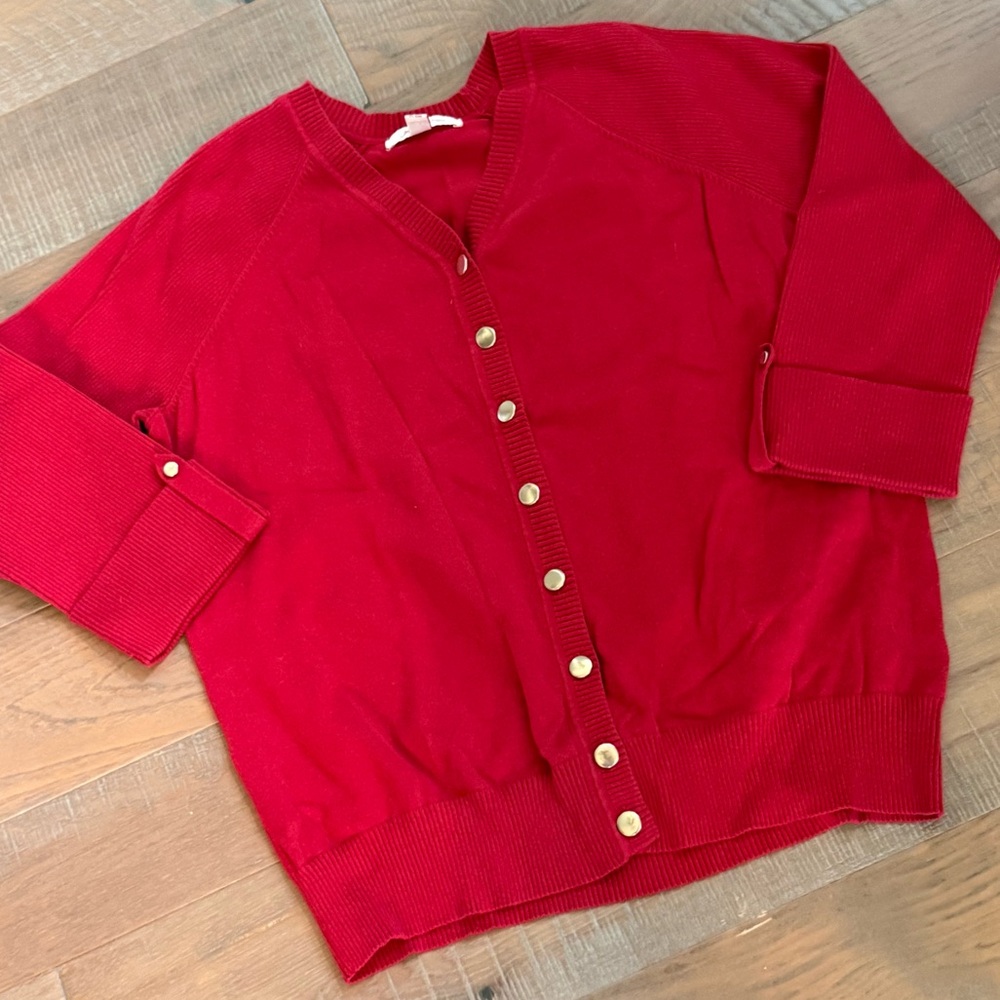 Women's L JM Collection Red Ribbed Knit Cardigan Sweater Gold Buttons 3/4 Sleeve